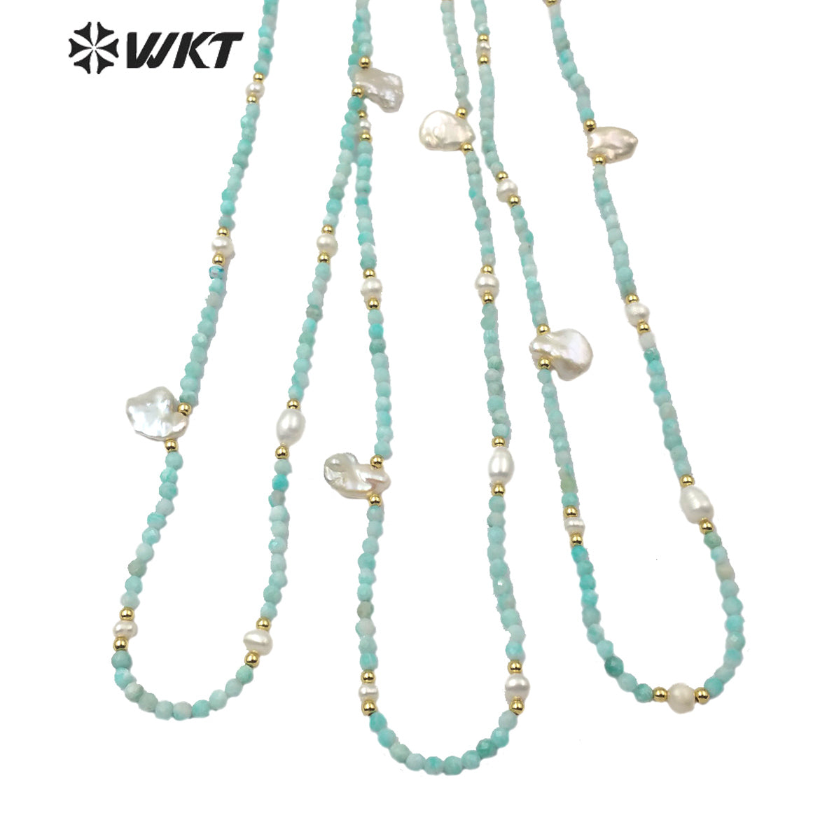 WT-N1181 Classic Fashion Pearl With 3mm Amazonite Faceted Beads Necklace Women High Quality Natural Amazonite Beads Necklace