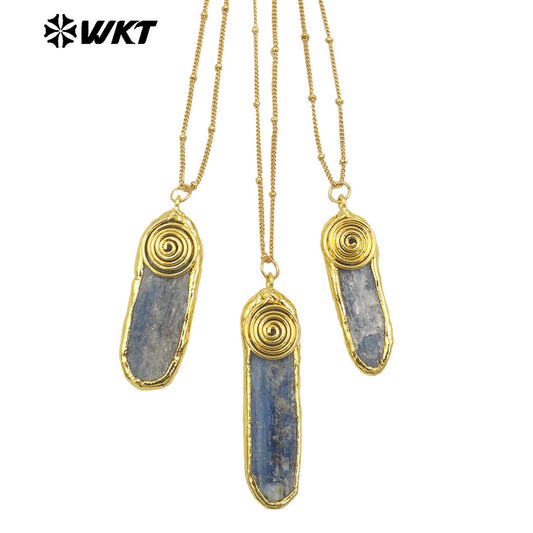 WT-N1466 Amazing Special Hand Craft Gold Plated Randomly Shape Natural Raw Blue Kyanite Pendant Necklace