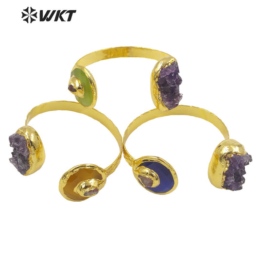WKT-B584 Classic Luxury 18k Real Gold Electroplated Handmade Bracelet Irregular Amethyst Bangle and Very Nice Stone Jewelry