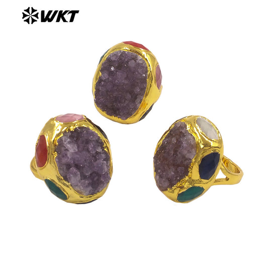 WT-R605 Exclusive Design 18K Gold Electroplated Natural Raw Amethyst And Stones Rings As Female Vintage Jewelry Accessory