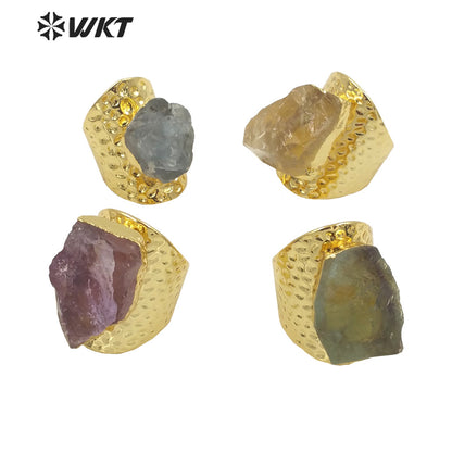 WT-R369 Amazing Gorgeous Raw Stone Quartz Cocktail Ring 18k Real Gold Plated Nontarnishable Aqua Energy Jewelry Stone Ring