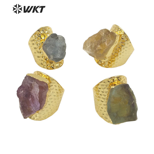 WT-R369 Amazing Gorgeous Raw Stone Quartz Cocktail Ring 18k Real Gold Plated Nontarnishable Aqua Energy Jewelry Stone Ring