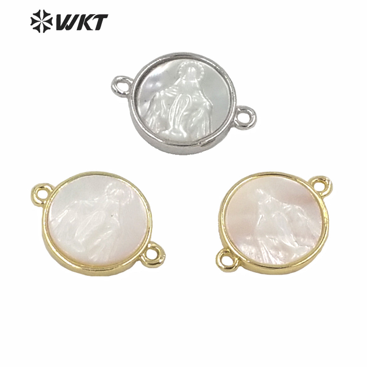 WT-MP170 Religious Design Gold Guadalupe Pendant Gold Metal Bezel Setting White Pearl Shell Connectors Tiny Charm Jesus Pendant