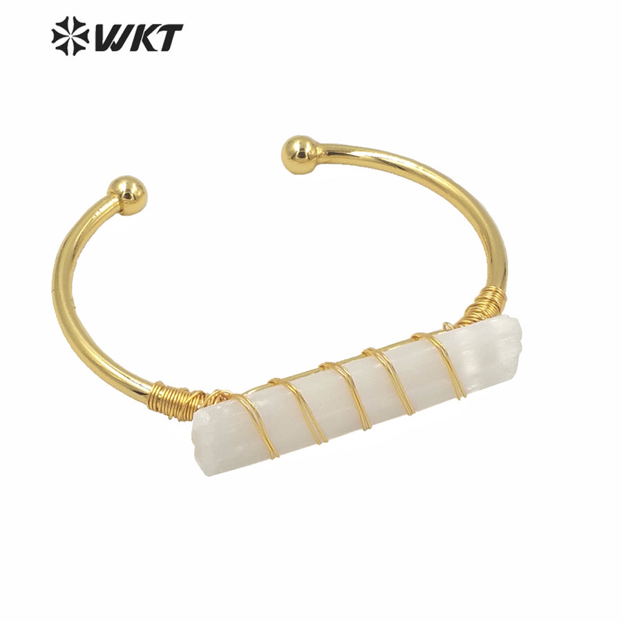WT-B567 Wholesale Fashion Women Gold Electroplated Wire Wrapped White Selenite Open Bangle Adjustable Gold Natural Stone Bangle