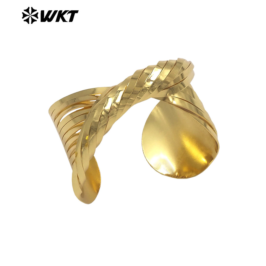 WT-B708 Newest Unique Design 18K Gold Plated Yellow Brass Cross Weaving Metal Women Adjustable Bangles As Anniversary Gift