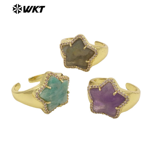 WT-R558 Sweet and Cute 18K Gold Plated Star Shape Natural Gemstone Opening Adjustable Ring for Girls As Party Decoration Jewelry
