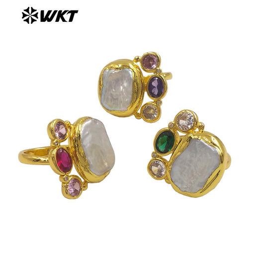 WT-MR043 Newest Design Gold Plated Natural Freshwater Pearl Ring With Multi Colors Cubic Zircon Square Shape Women Jewelry Ring
