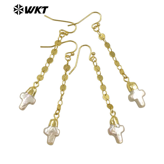 WT-MPE144 Small Religious 18K Gold Plated Natural Pearl Long Chain Cross Shaped Earrings Women's Delicate Jewelry Accessories