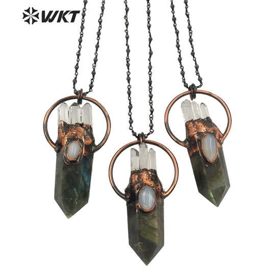 WT-N1262 Women Bohemian Style Natural Labradorite Point Stone Necklace with Antique Copper Plated Lady Retro Stone Necklace