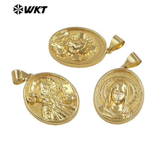 JFE146 High Quality Oval Shape Yellow Brass With Gold Plated Christian Religious Pendant Carved DIY Accessories