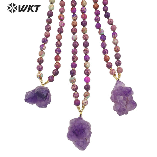 WT-N1376 Graceful Natural Irregular Pretty Amethyst Pendant Necklace Purple Bohemia Jasper Bead Chain Natural Crystal Necklace