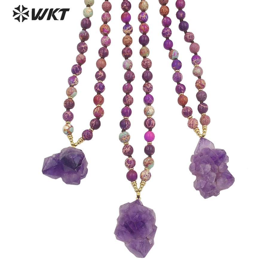 WT-N1376 Graceful Natural Irregular Pretty Amethyst Pendant Necklace Purple Bohemia Jasper Bead Chain Natural Crystal Necklace