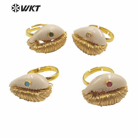 WT-MPR003 New Summer Hot Wire Brass Handmade Wrapped Natural Sea Cowrie Ring With Cz Charm Fashion Gold Summer Conch Rings
