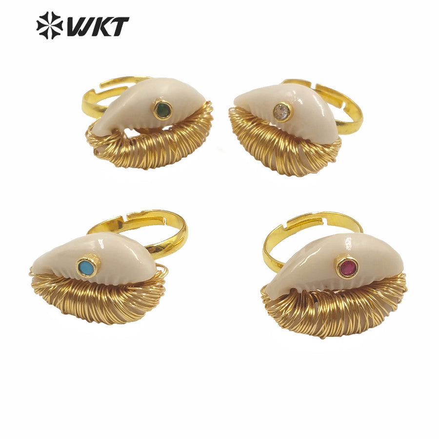 WT-MPR003 New Summer Hot Wire Brass Handmade Wrapped Natural Sea Cowrie Ring With Cz Charm Fashion Gold Summer Conch Rings