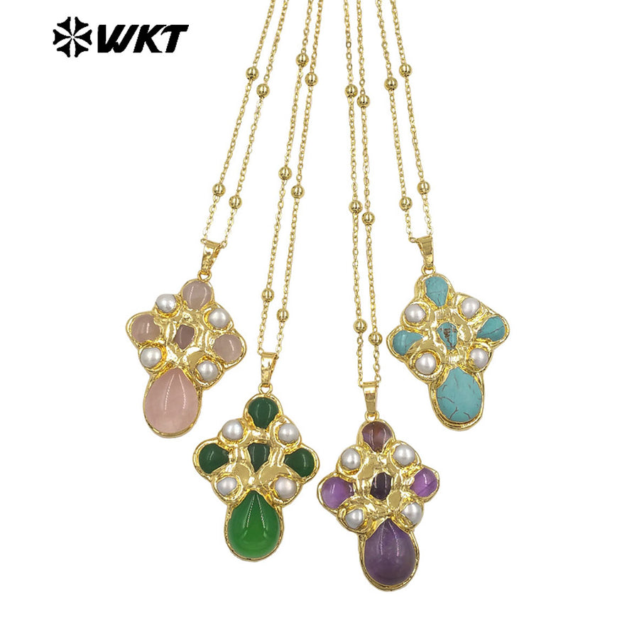 WT-JN297 Brand New Product Elegant 18K Gold Plated Pearl Turquoise Cross Unisex Pendant Necklace Fashion Jewelry Accessories
