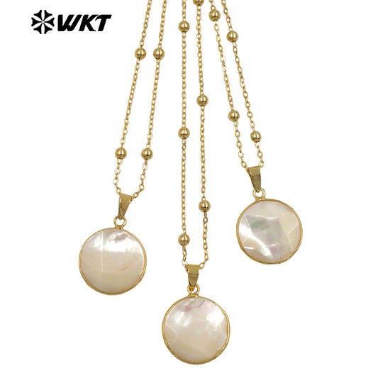 WT-JN348 Wholesale Gold Plated Tiny Beads Chain With Natural Shell Round Facets Pendant Necklace For Everyday Style Matching