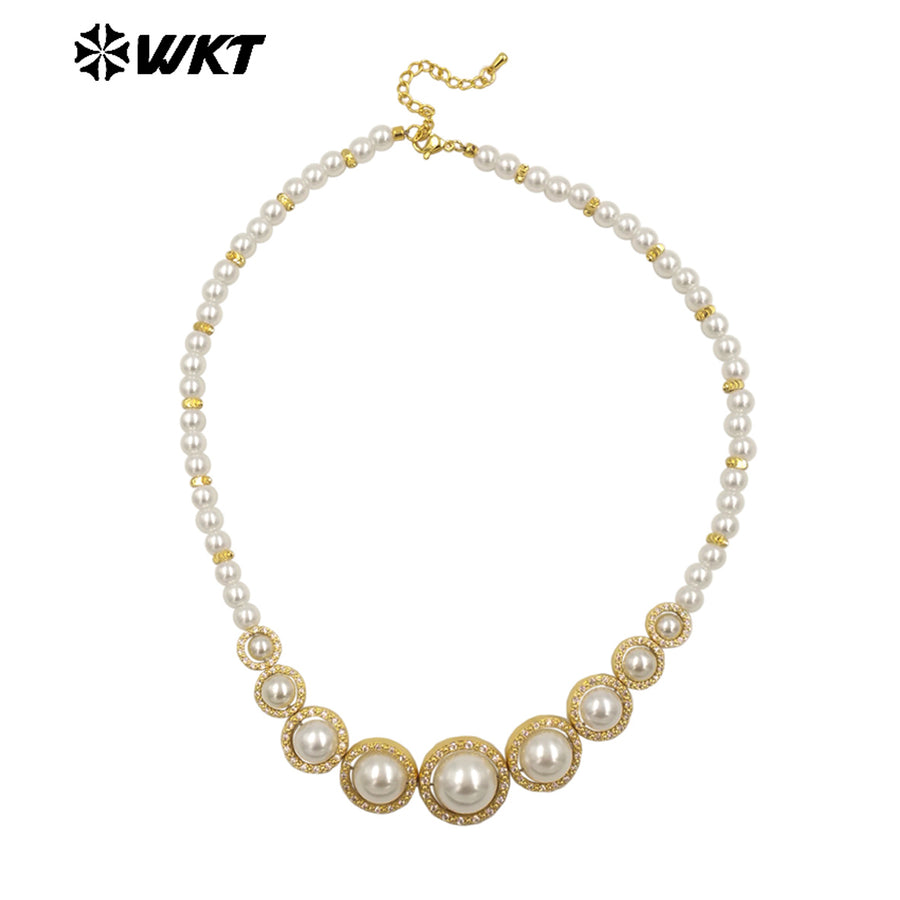WT-JN290 Stylish Gold Beads Interspersed With Silver Beads Pearl Round Necklace With Small Zircon Jewelry Accessories for Women