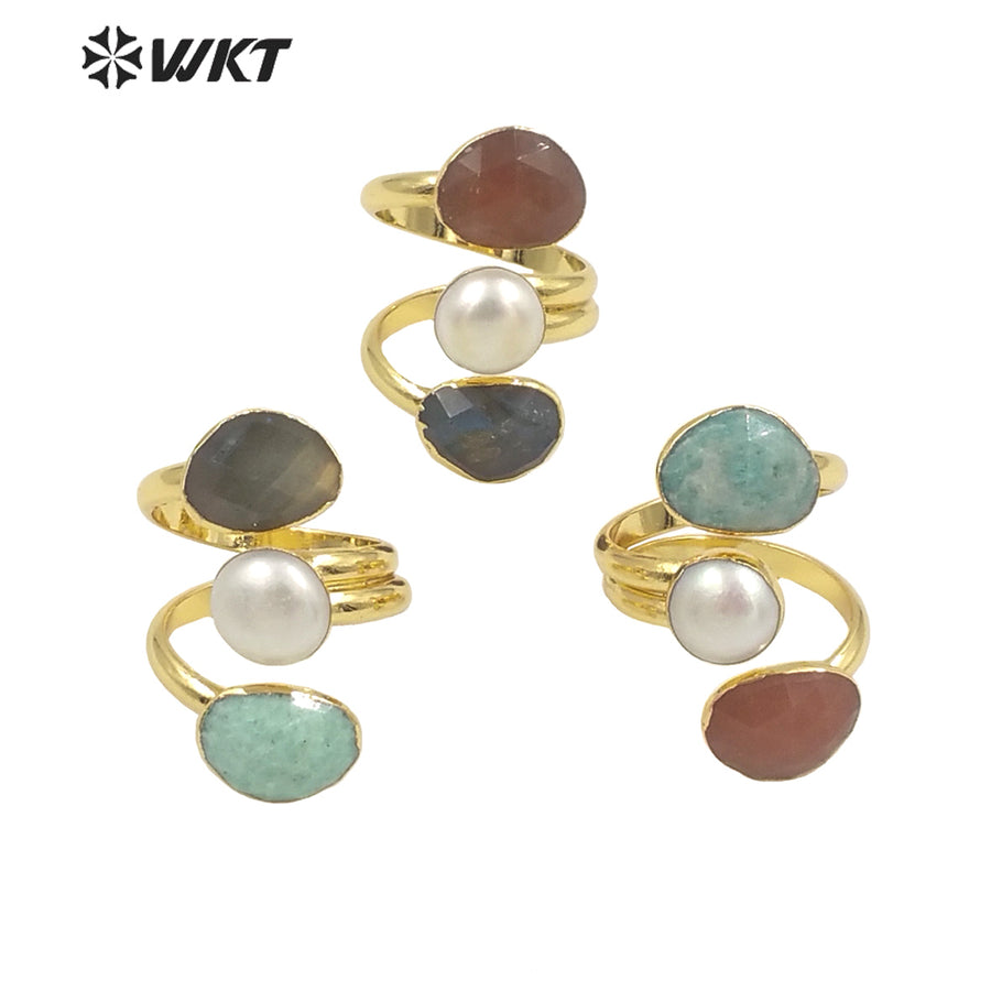 WT-R407 Niche Design Multiple Gemstone Pearl Rings Adjustable Rings Delicate Charming 18k Gold Plated Gifts Natural Stone Rings