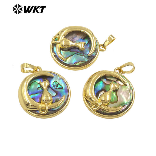 WT-JP440 Fashion High Quality Natural Abalone Shell Gold Plated Round Little Pendant For Women Vintage Style Jewelry Making