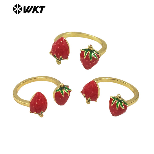 WT-RF009 Delicate Fruit Series Ring Yellow Brass With Drop Oil Double Strawberry Charms Adjustable Women Fashion Jewelry