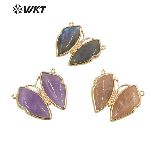 WT-P1881 Amazing Lifelike Lovely Natural Stone Butterfly Pendant Gold Double Loops Sun Stone Jewelry Pendant for Birthday Gift