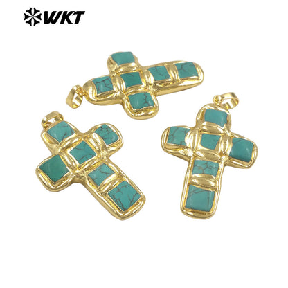 WT-P2037 Newest Religious Style Gold Plated Square Six Natural Turquoise Stones Cross Pendants For Handmade Fashion Gifts