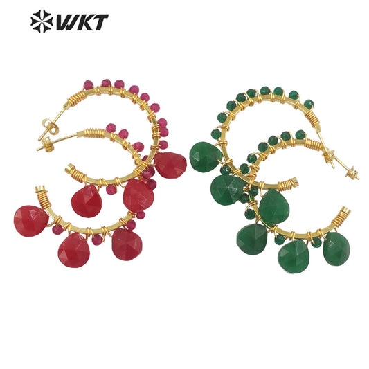 WT-E694 Wholesale Fashion Gold Plated C Shape Wire Wrapped Stone Earrings Attractive Teardrop Stone Crescent Moon Earrings