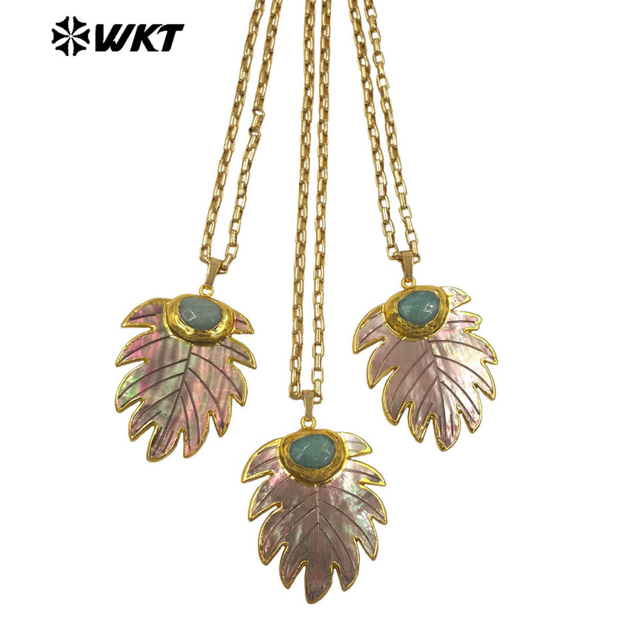 WT-JN377 Trendy 18K Gold Plated Natural Shell And Amazonite Stone Leaf Shape Necklace For Vintage Party Wearing Jewelry