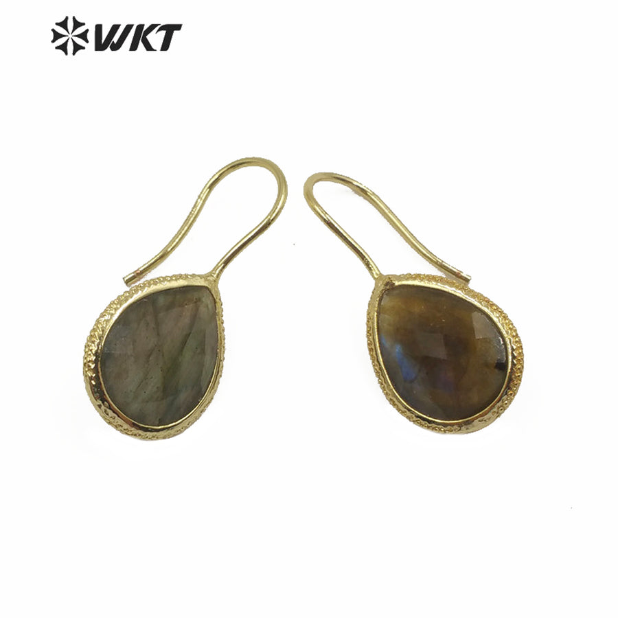 WT-E620 WKT Gold Bezel Tiny Water Drop Shape Labradorite Hoop Earrings Women Fashion Gold Stone Hoop Earrings As Gift