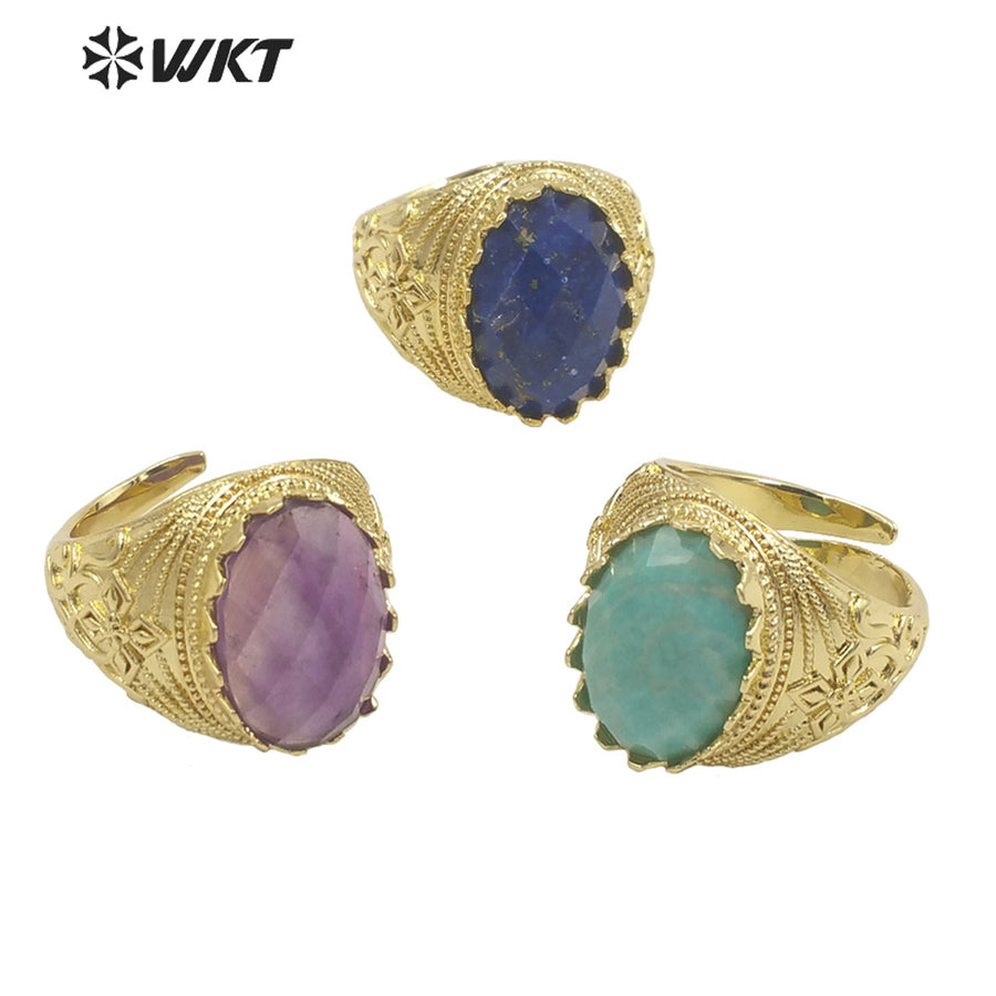 WT-R456 Wholesale Newest Spring Design 18k Gold Plated Oval Natural Stone Ring Gold Bezel Setting Europe Popular Jewelry Ring