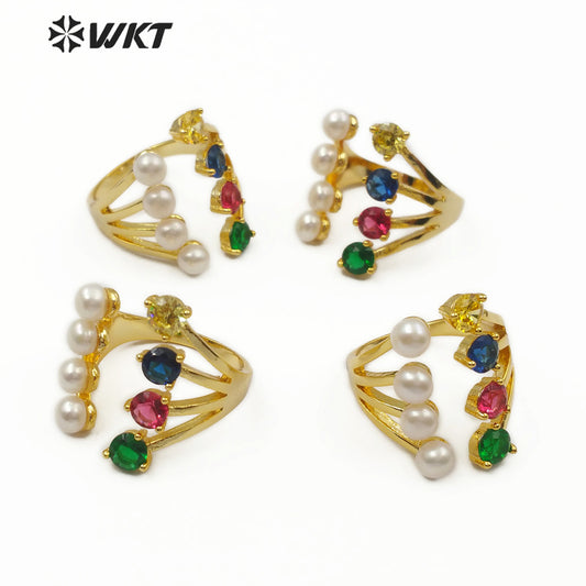 WT-MR005 Wholesale New Design Fashion Four Freshwater Pearls and Four Red Yellow Blue Green Cubic Zircon Ring Multicolor Ring