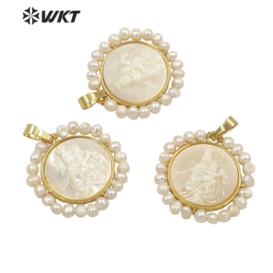 WT-JP262 Fashion Gold Amazing Handmade Wire Wrapped Tiny Pearl Charm Shell Pendant Gold Bezel Virgin Mary and Jesus Religious