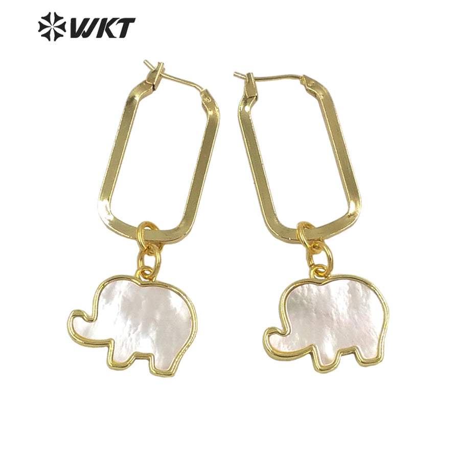 WT-MPE084 Newest Fashion White Mother of Pearl Lovely Elephant Earrings 18k Gold Plated Shell Heart Charm Earrings