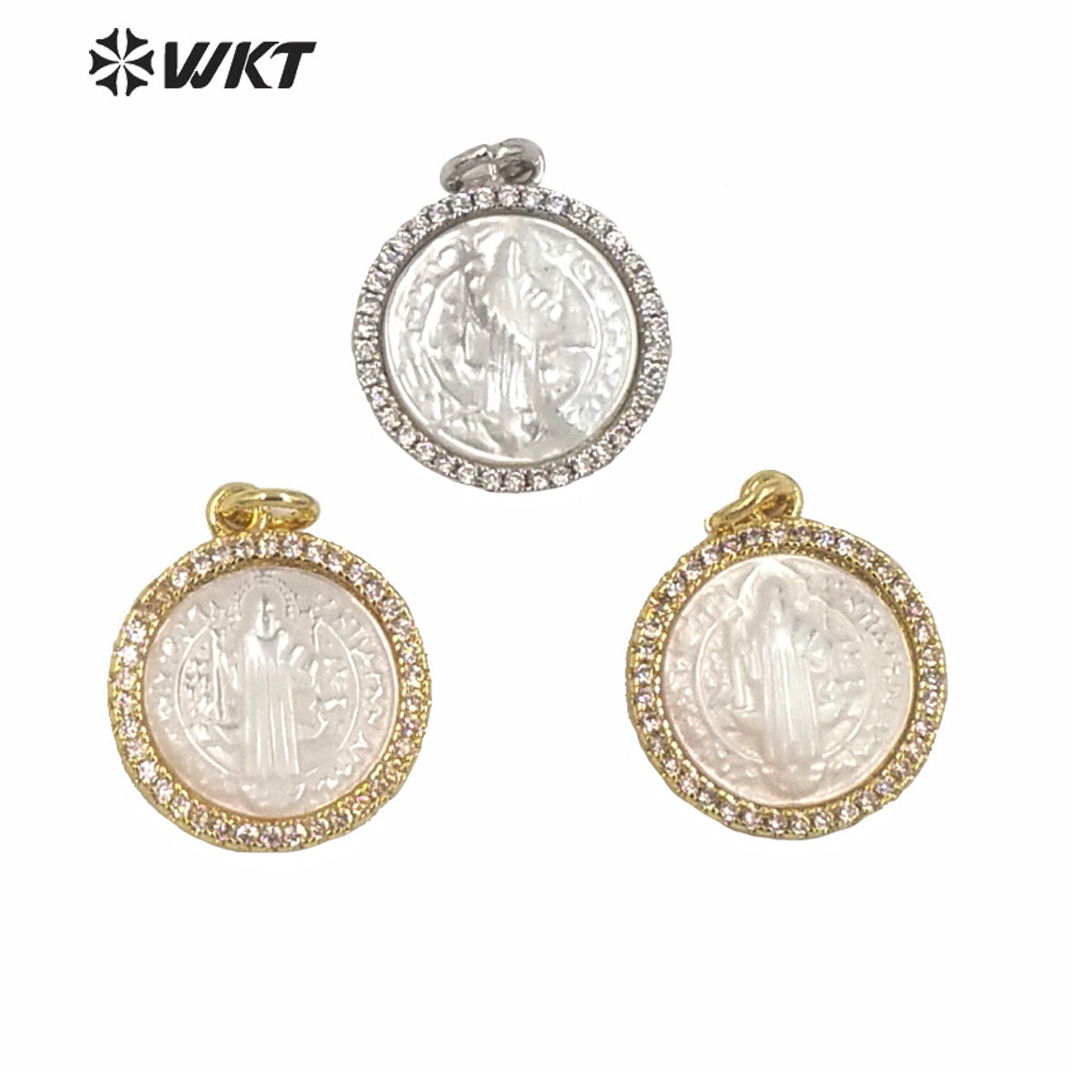 WT-MP164 Wholesale New Gold Electroplated Cubic Zircon Round Jehovah People Image Pendant 15mm Christian White Shell Pendant