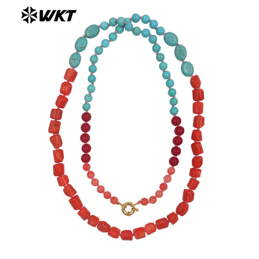 WT-N1504 High Quality Length 108CM Natural Turquoise And Red Coral Splicing Long Women Necklace For Party Matching Jewelry