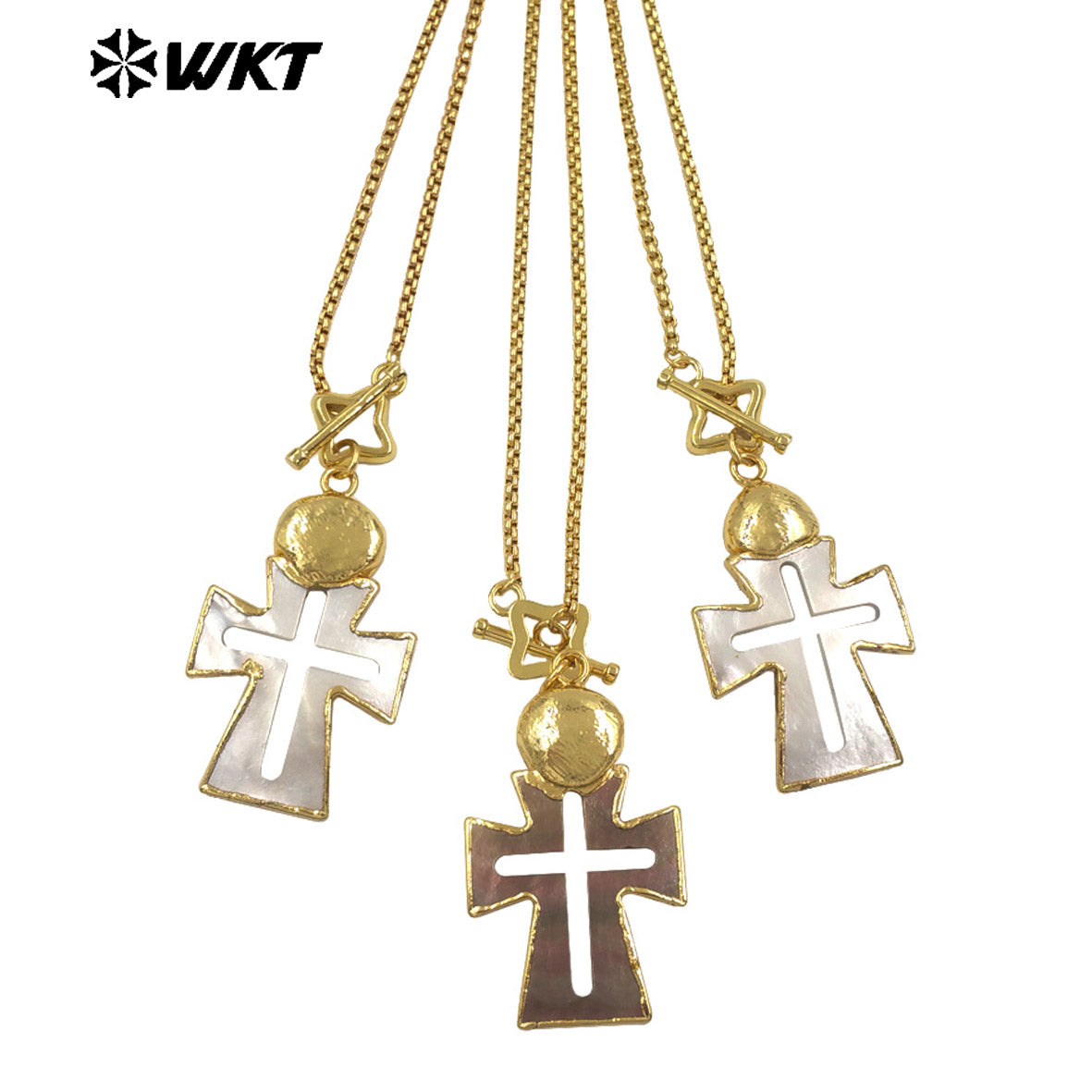 WT-JN353 Creative Gold Plated Chain With Star Clasp And Natural Shell Cross Hollow Pendant Necklace For Ladies Vintages Gift