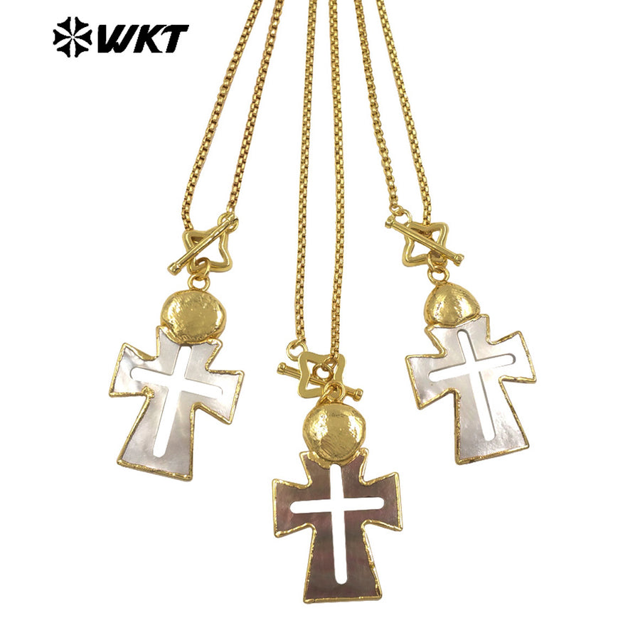 WT-JN353 Creative Gold Plated Chain With Star Clasp And Natural Shell Cross Hollow Pendant Necklace For Ladies Vintages Gift