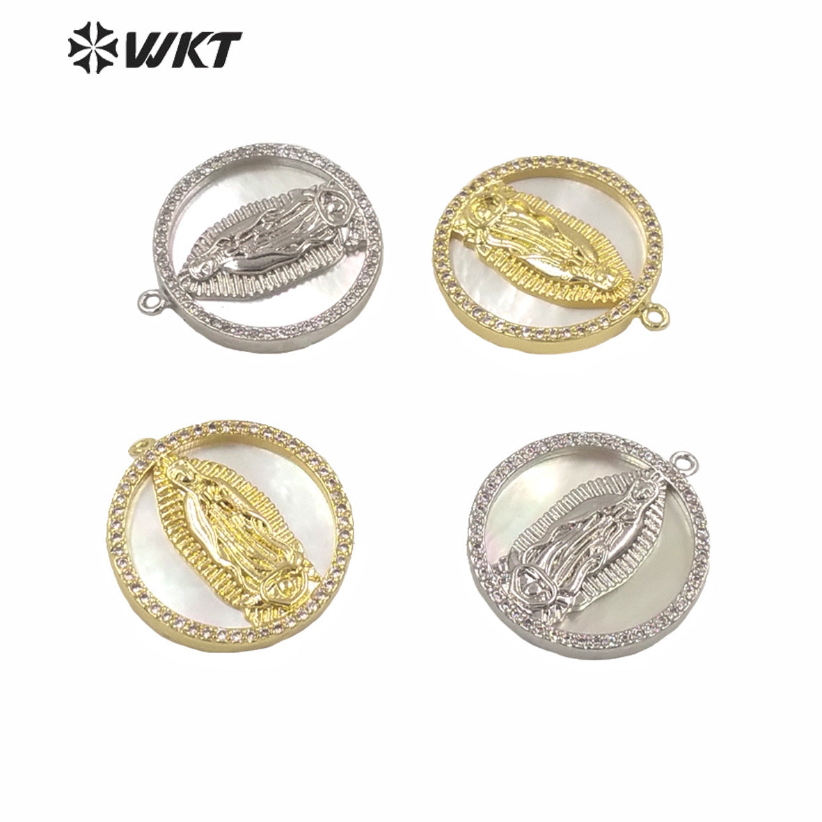 WT-MP144 WKT New Small Size White MOP Shell Virgin Mary Religious Pendant Hot Gold Electroplated Round Coin Mary Pendant