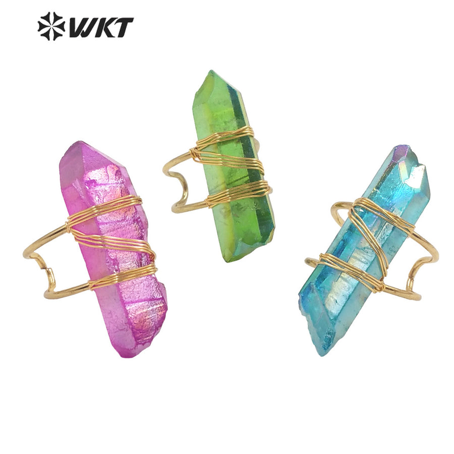WT-R392 WKT 2022 Lovely Colorful Natural Aura Quartz Ring for Natural Multicolor Stone for Women Boho Vintage Wire Wrapped Ring