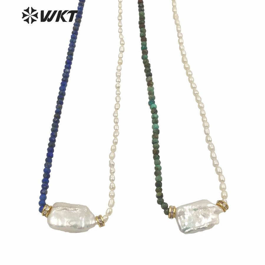 WT-JN132 Wholesale Beautiful DIY Hand Make 4mm Pearl Beads Necklace Women Fashion Square Pearl and Stone Mix Beads Necklace