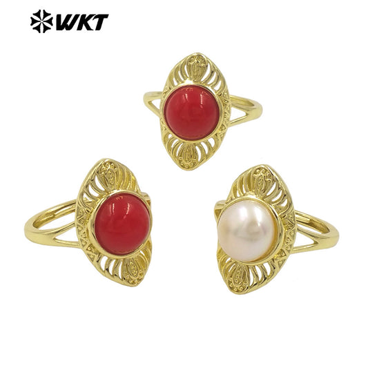 WT-MPR107 New Wholesale Women Gold Plated Adjustable Size Natural Pearl and Red Coral Ring Party Jewelry