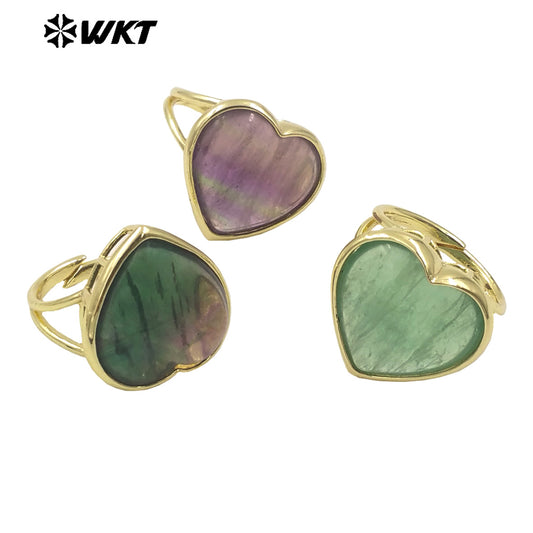 WT-R518 Wholesale Lovely Natural High Polish Rainbow Fluorite Heart Stone Ring for Lady Daily Use in Gold Bezel