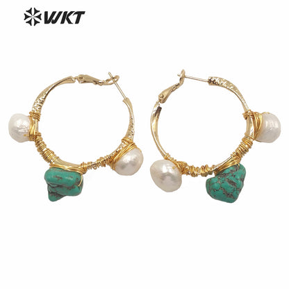 WT-MPE029 Amazing Hiperbole Women Fashion Real Stone Earrings Gold Handmade Wire Wrapped Big Hollow Ear Buckle Queen Party Ear