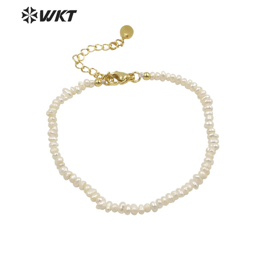 WT-MPB069 Amazing Tiny Potato Shape Freshwater Pearl Bracelet Simple Elegant Hand Strand Gorgeous Pure Pearl Bracelet with Chain