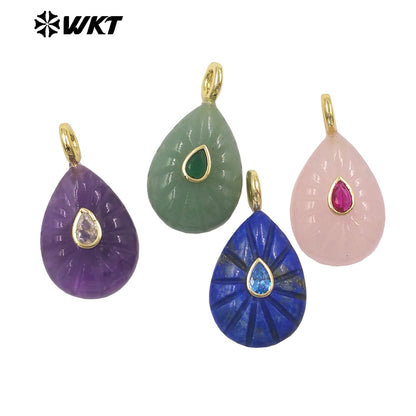 WT-P2142 Simple Fashionable Style Natural Gemstones Setting In Zircon Waterdrop Shape Pendant As Female Necklace Findings