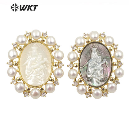 WT-JP276 WKT Gold Fashion Micro Pave Cubic Zircon Christian Religious Charm Pendant with Pearl Trim Royal Style Pearl Pendant