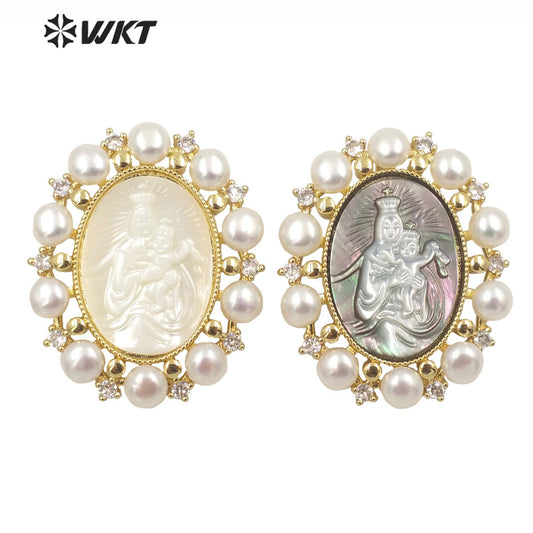 WT-JP276 WKT Gold Fashion Micro Pave Cubic Zircon Christian Religious Charm Pendant with Pearl Trim Royal Style Pearl Pendant