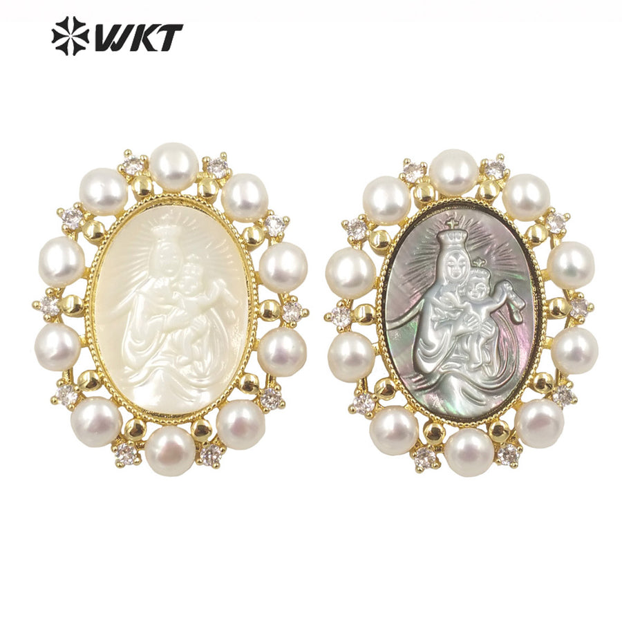 WT-JP276 WKT Gold Fashion Micro Pave Cubic Zircon Christian Religious Charm Pendant with Pearl Trim Royal Style Pearl Pendant