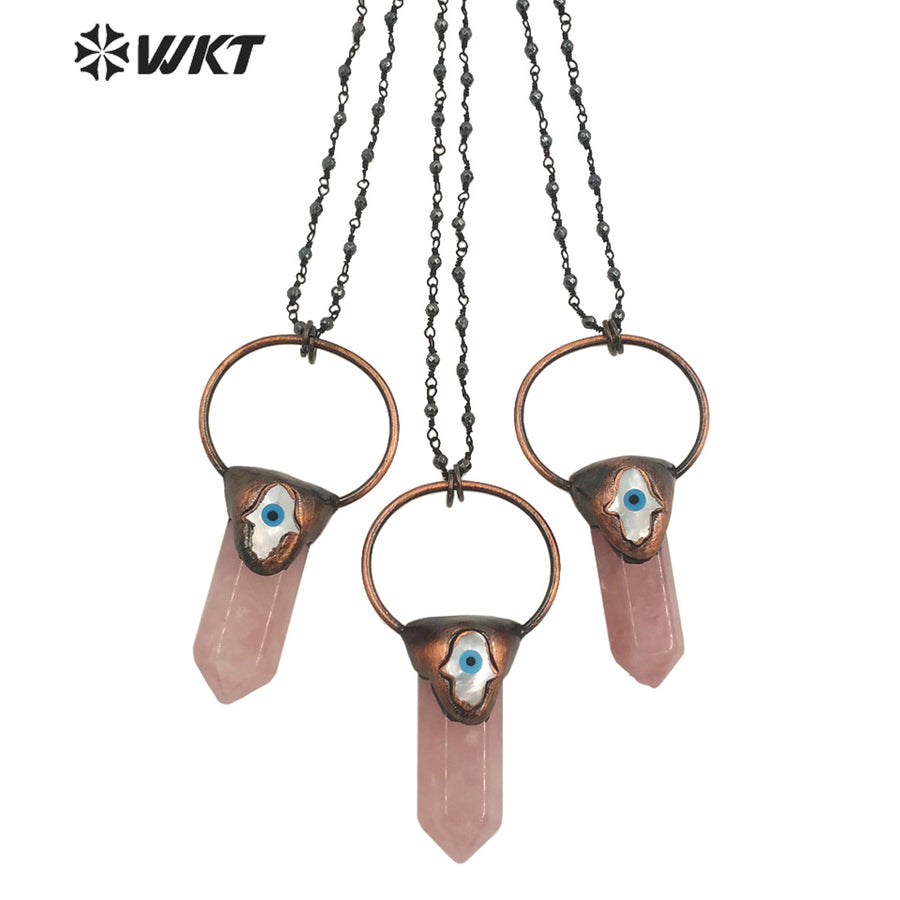 WT-N1391 Vintage Bohemian Hexagon Rose Quartz Stone Necklace Antique Copper Hematite Beads Chain Pendant Necklace