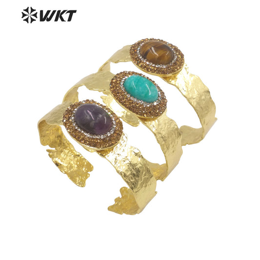 WT-B628 Europe Colorful Precious Gemstone Opening Bangle with Rhinestone Setting Women Oval Amethyst Stone Bangle